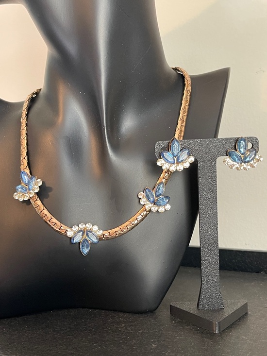 Vintage Jewelry - Vintage Gold Plated Blue & Clear Rhinestone Matching Necklace/Earring Set